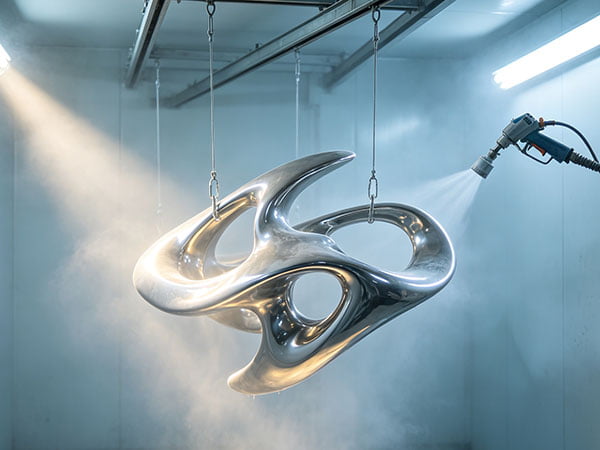 Spray painting stainless steel sculpture in controlled booth