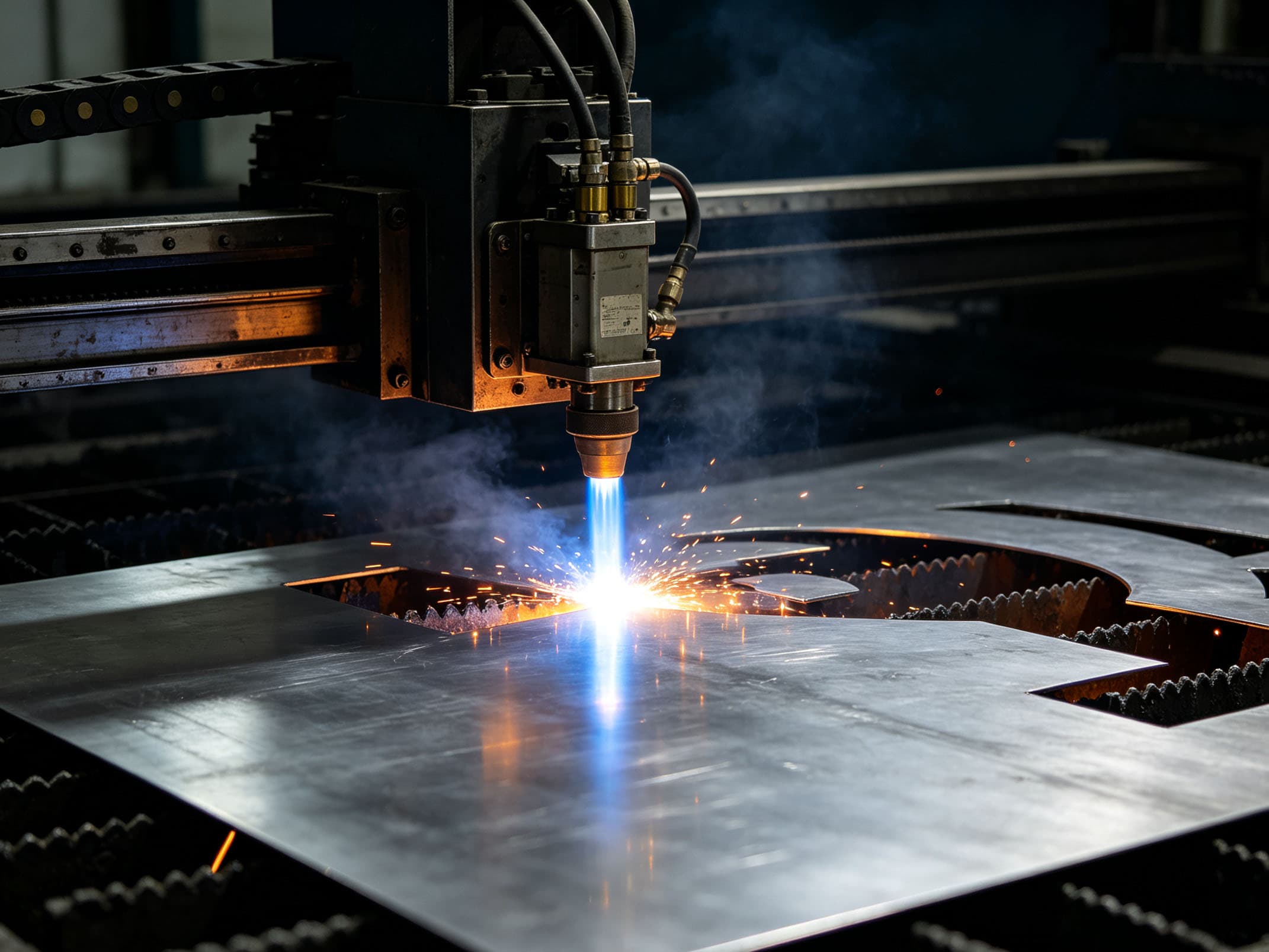 CNC plasma cutter shaping steel panels