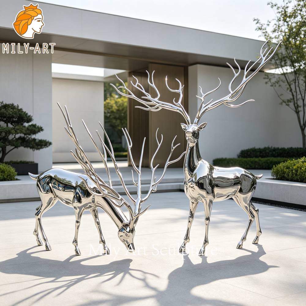 contemporary outdoor large metal deer sculpture set