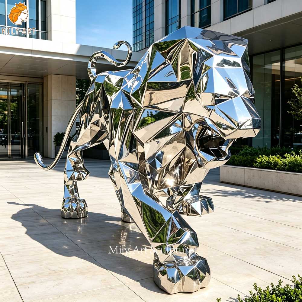 custom geometric walking lion sculpture