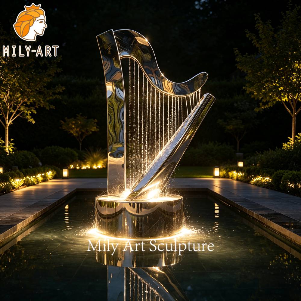 harp water fountain illuminated at night