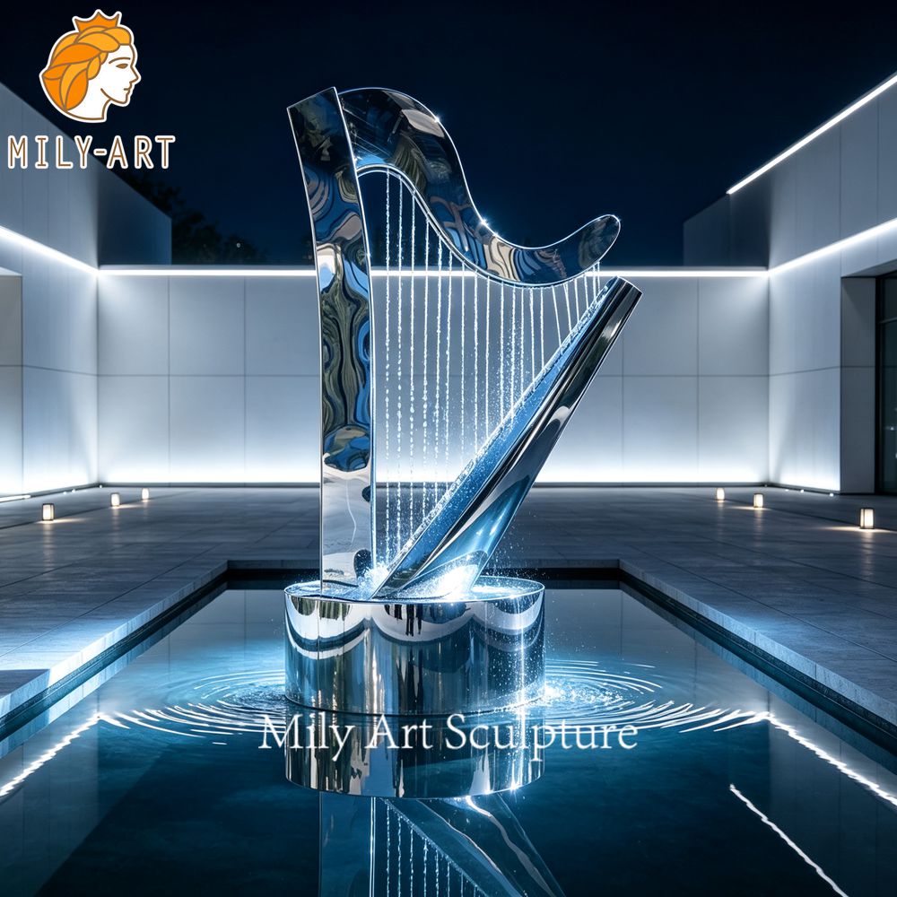 harp water fountain night lighting