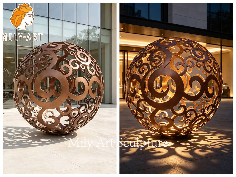 hollow sphere sculpture antique bronze finish