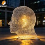illuminated head wire sculpture at night