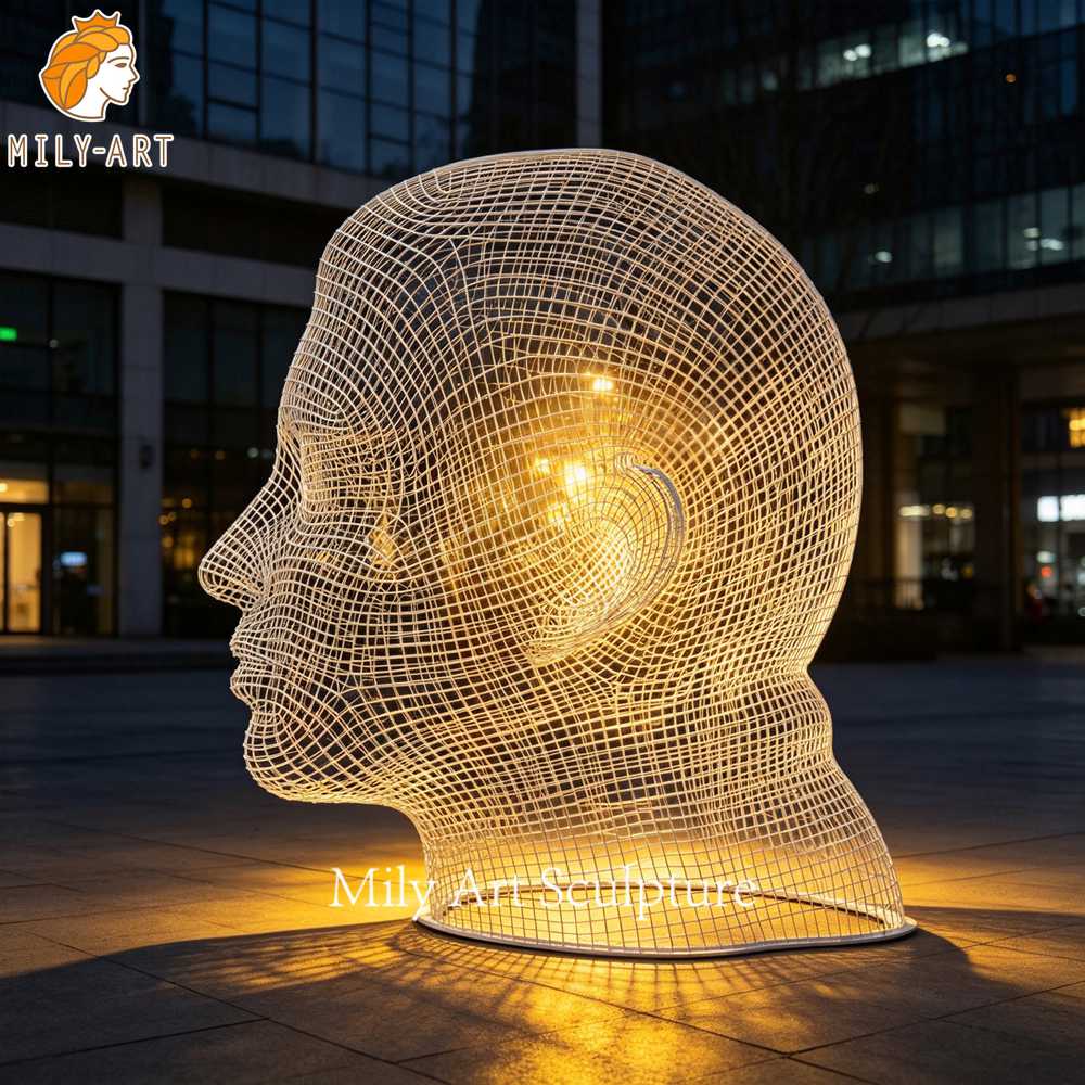 illuminated head wire sculpture at night