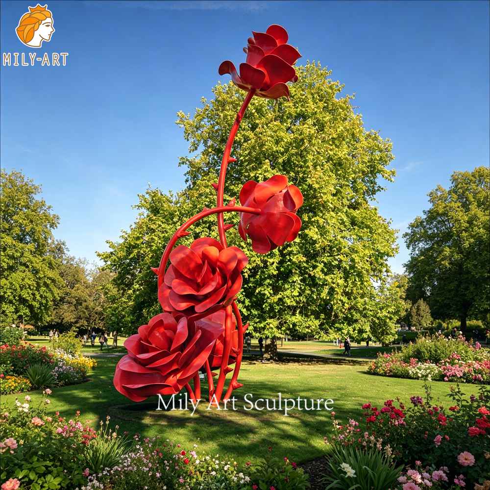 large metal rose sculpture with multiple roses