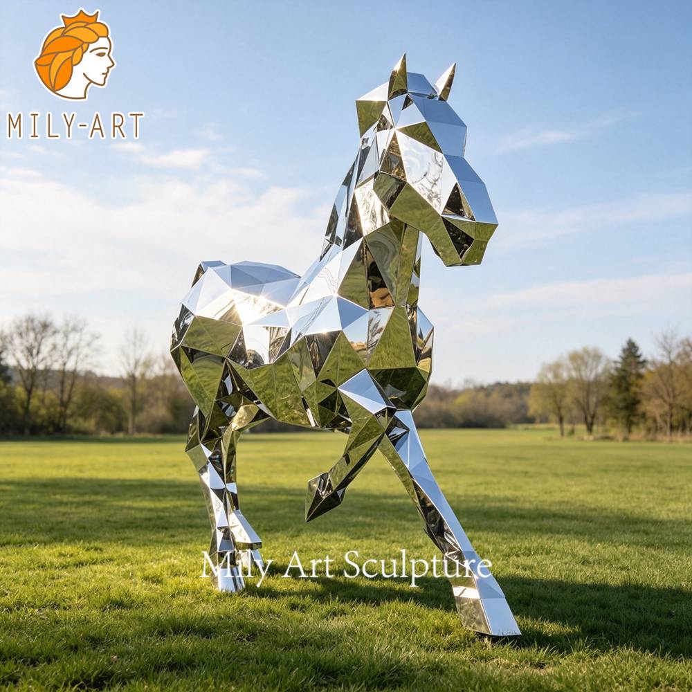 large stainless steel geometric horse sculpture