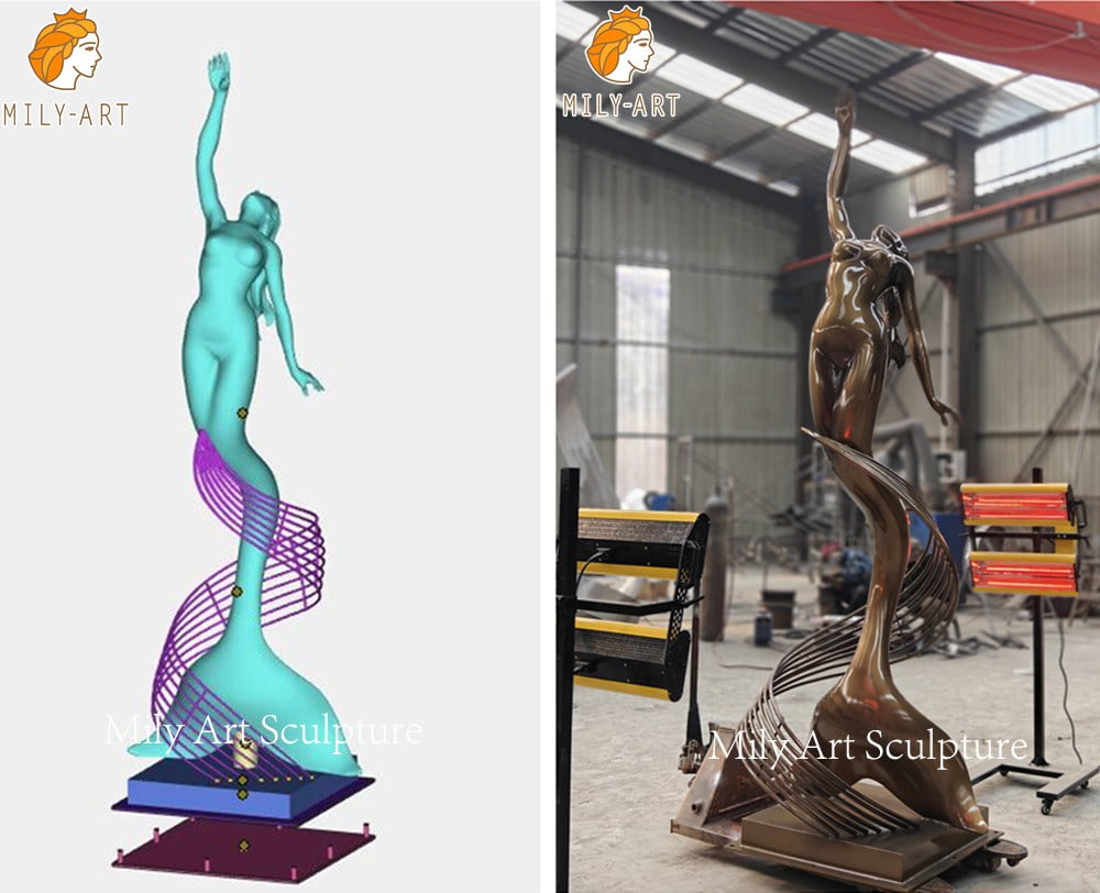 metal mermaid sculpture 3D design and final product