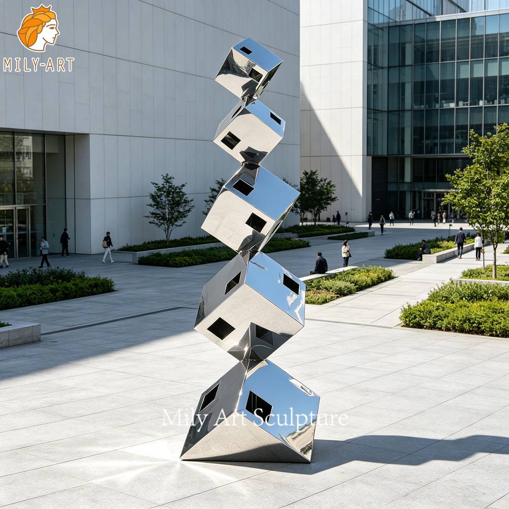 mirror polished geometric abstract sculpture cube
