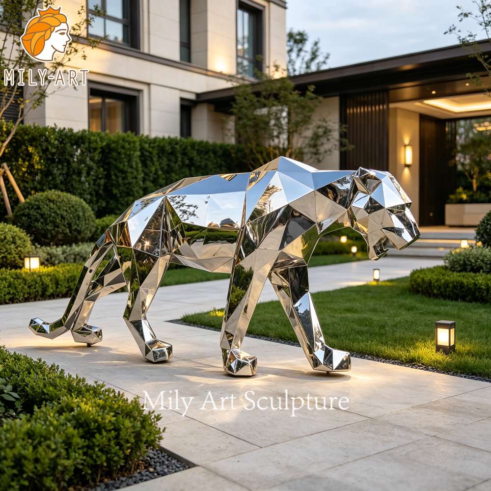 mirror polished geometric leopard statue