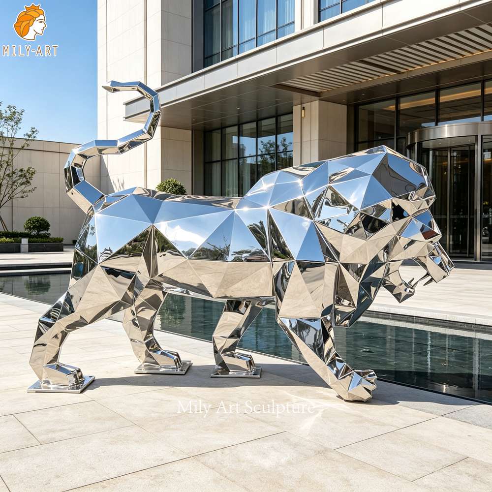 mirror polished geometric lion sculpture