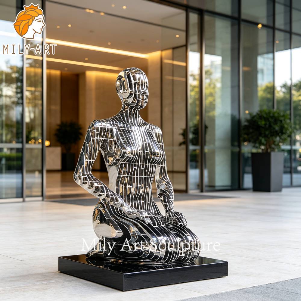 mirror polished kneeling woman sculpture entrance decor