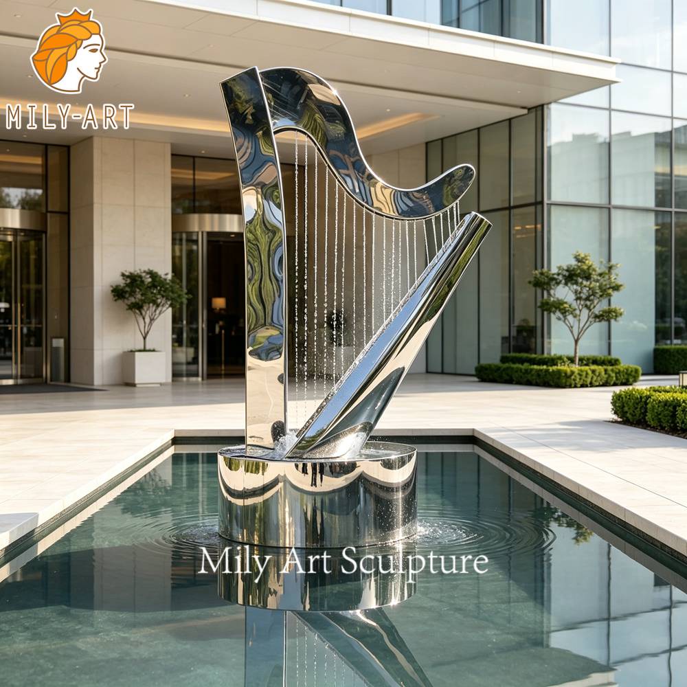 mirror polished metal harp water feature