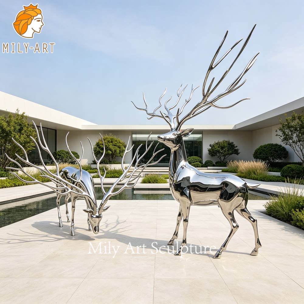 outdoor large metal deer sculpture with mirror finish