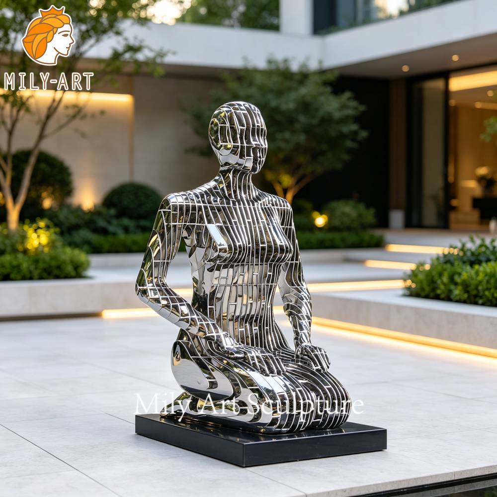 outdoor stainless steel kneeling woman sculpture