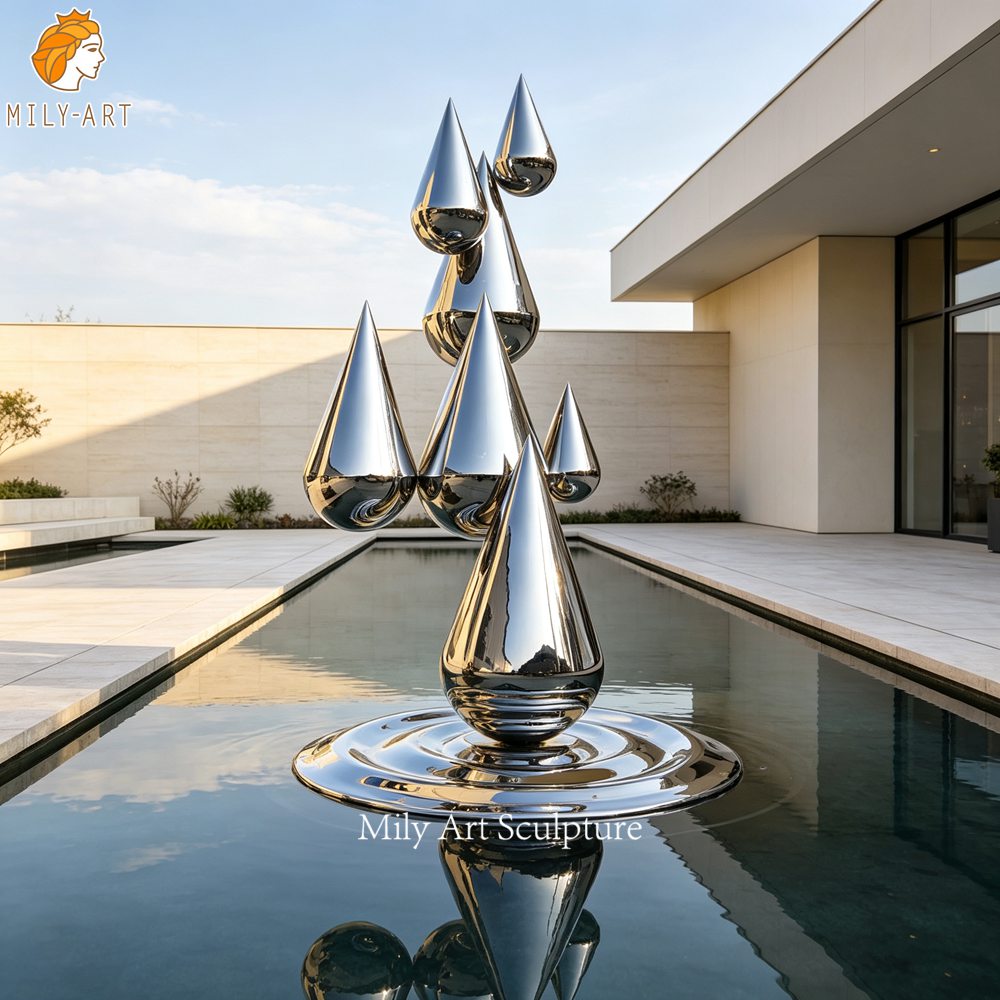 polished stainless steel water droplet sculpture
