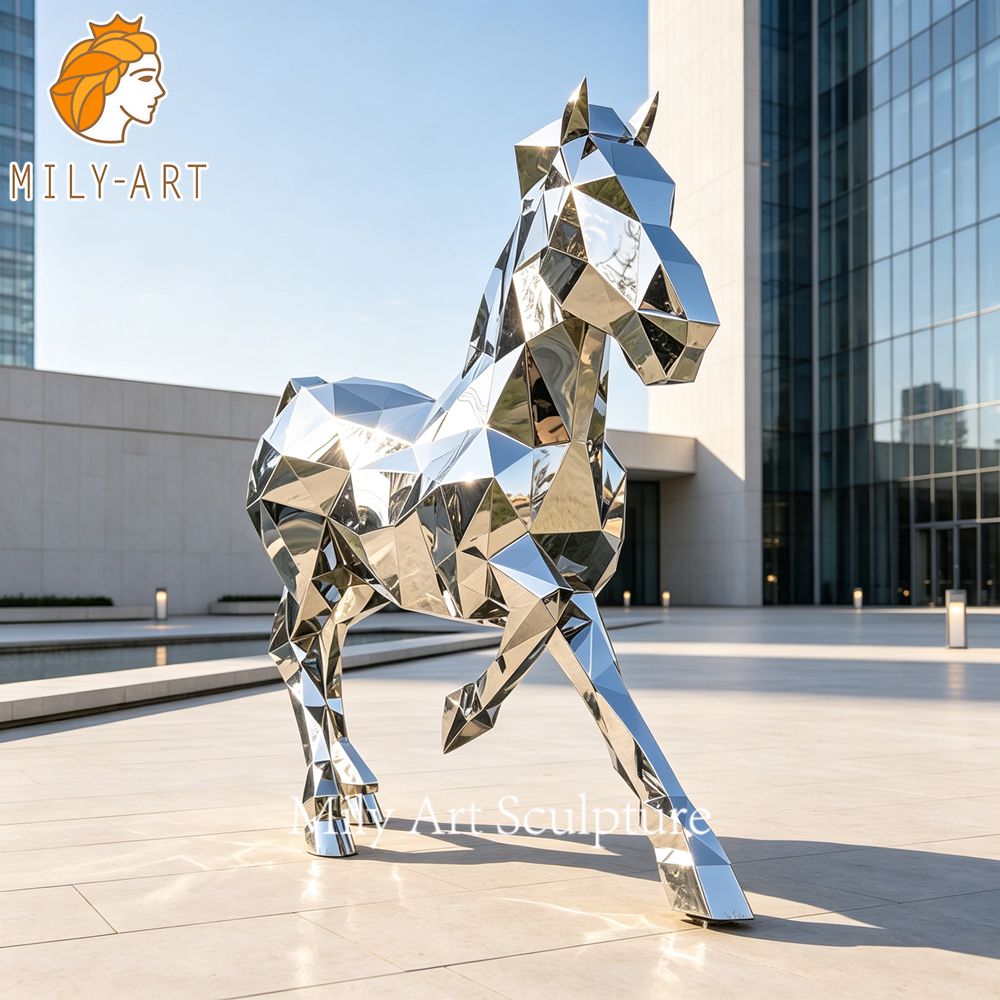 silver mirror geometric horse sculpture