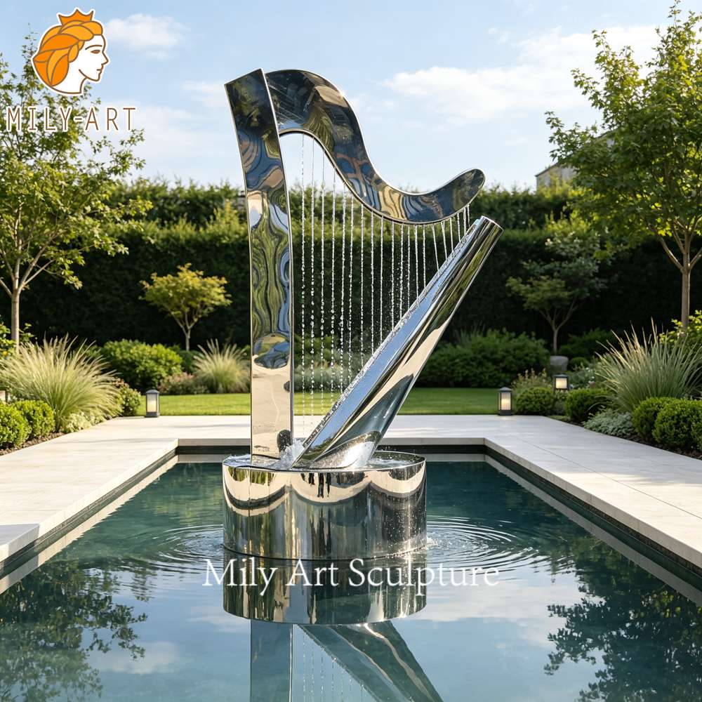 stainless steel harp water fountain sculpture