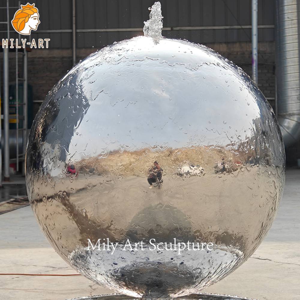 stainless steel sphere water feature closeup