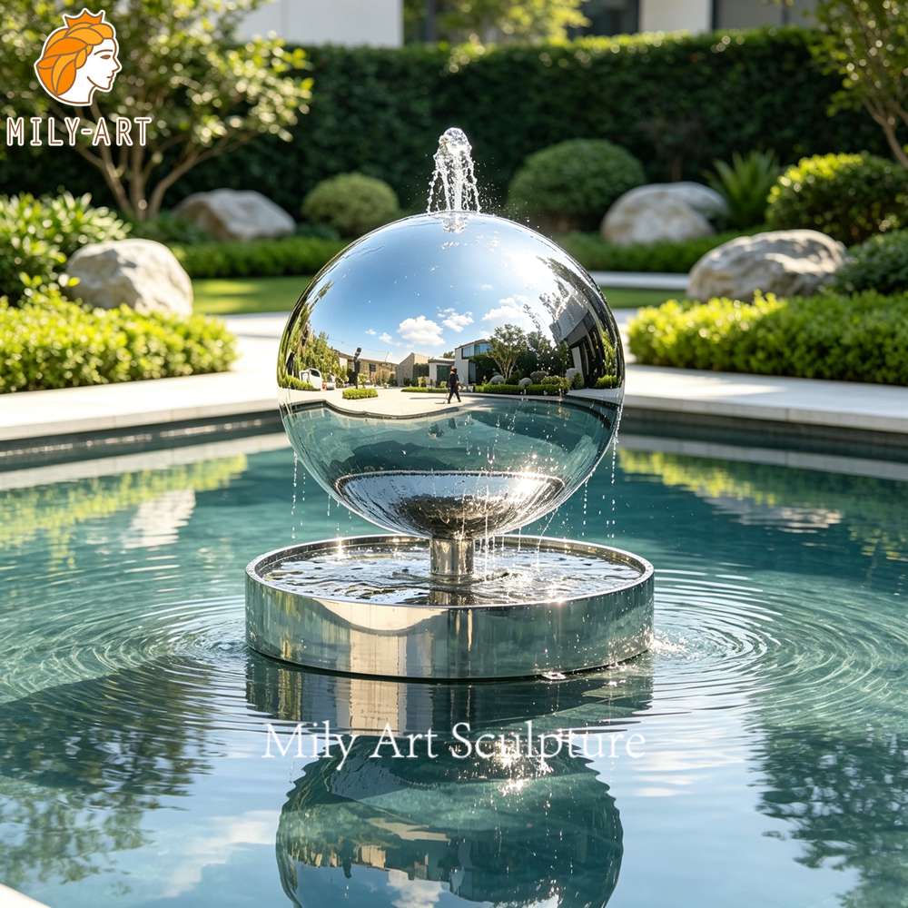 stainless steel sphere water feature courtyard