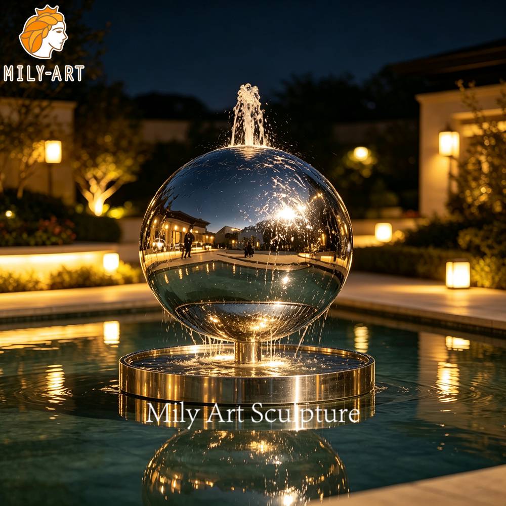 stainless steel sphere water feature night