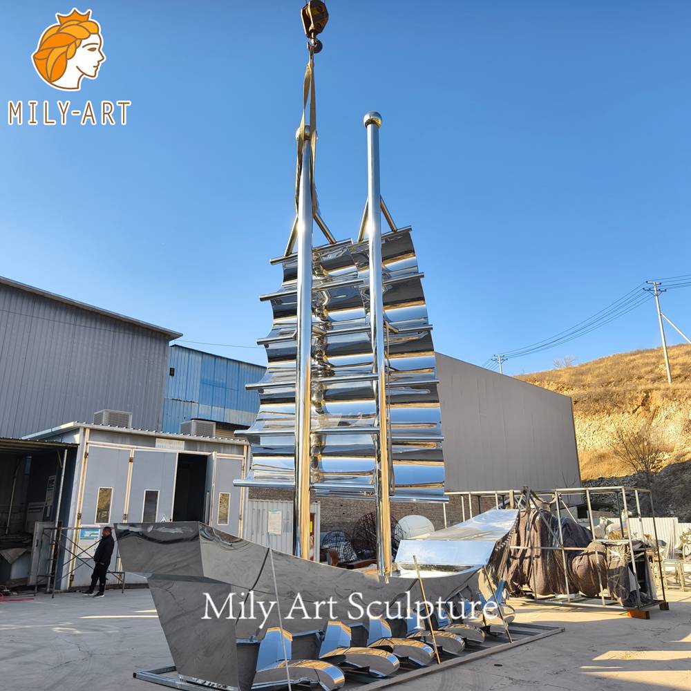 Metal Sailboat Sculpture in Factory