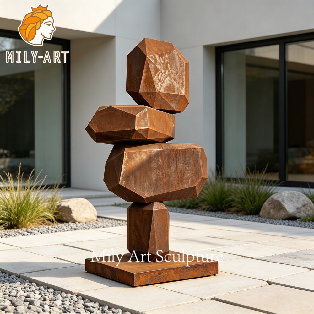 Outdoor Corten Steel Stacked Rock Sculpture