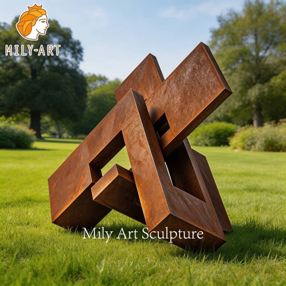 abstract outdoor corten steel sculpture on grass