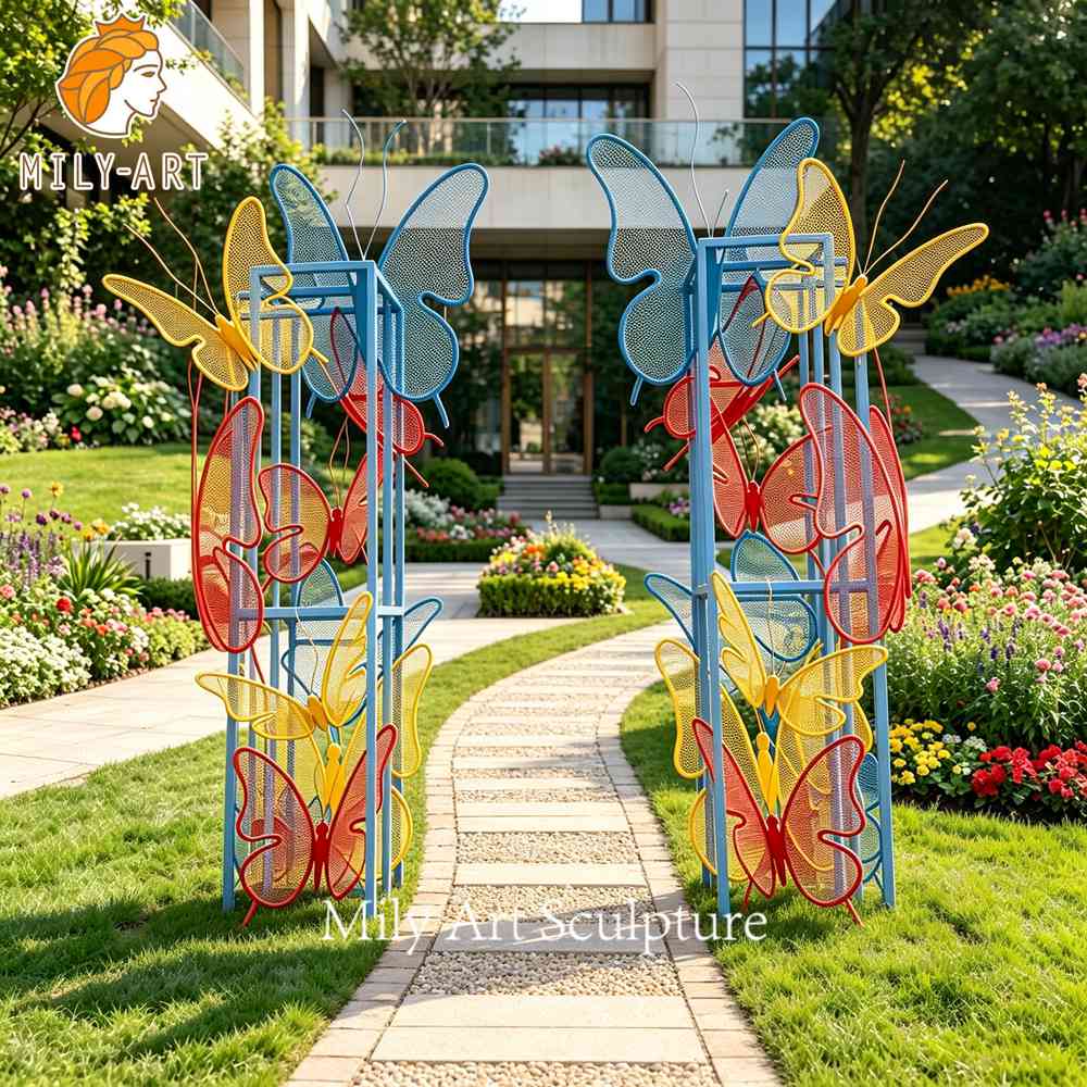 colorful metal butterfly sculpture hotel entrance