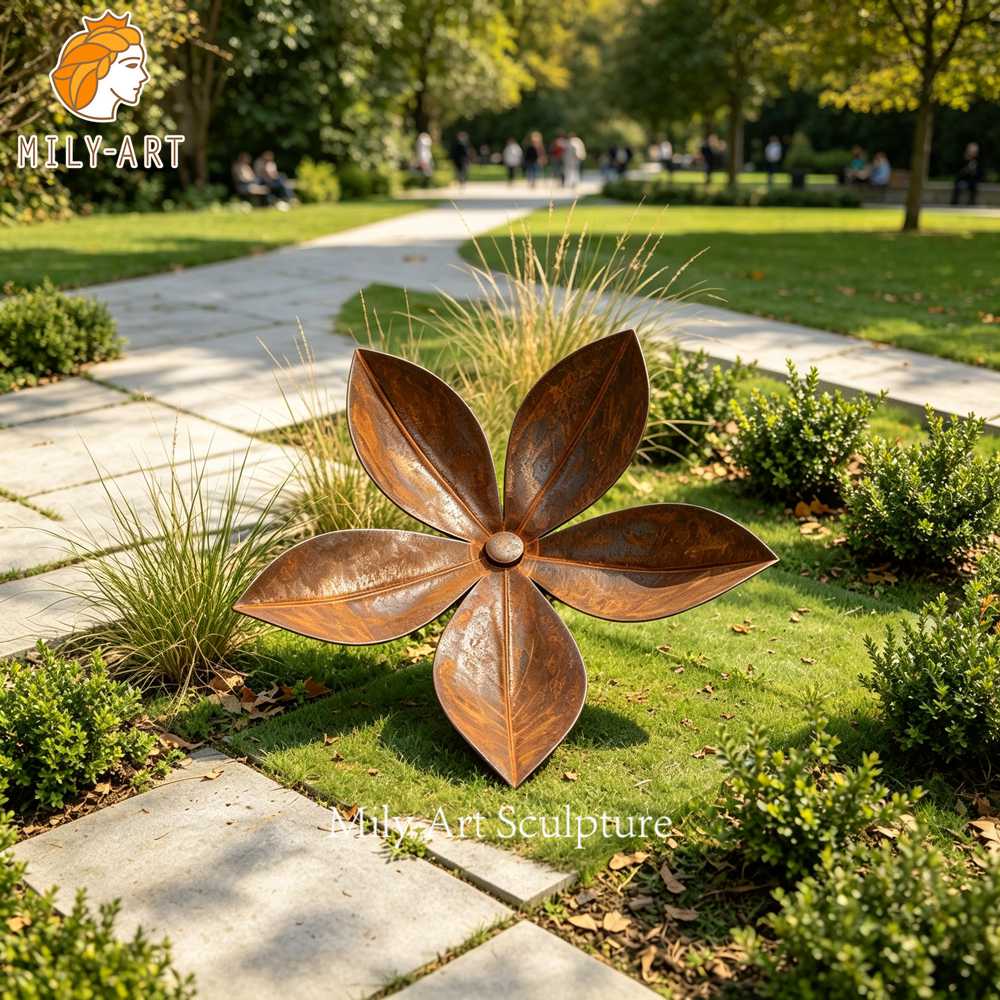 corten steel flower sculpture garden view