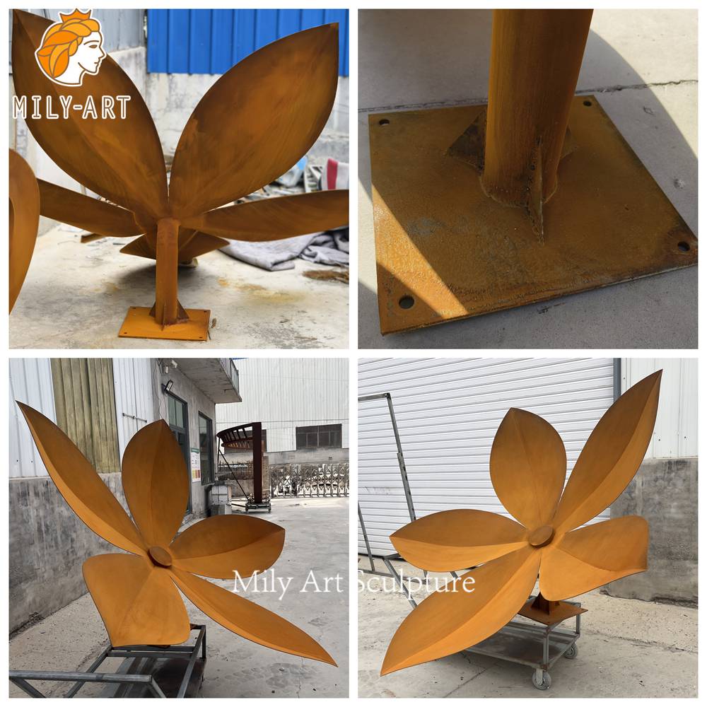 corten steel flower sculpture rust patina finish detail