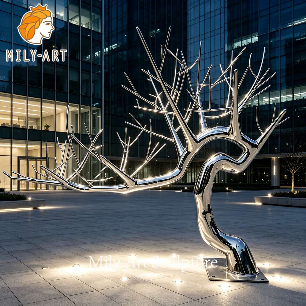 metal steel tree sculpture outdoor lighting