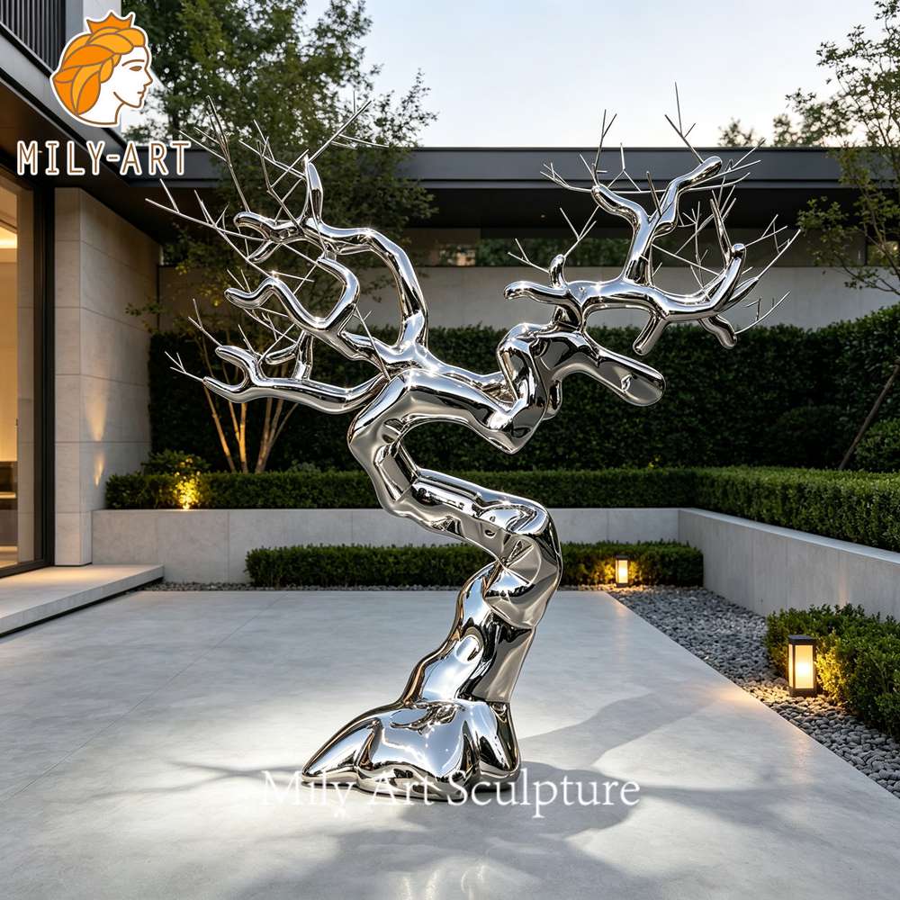 mirror polished metal tree sculpture