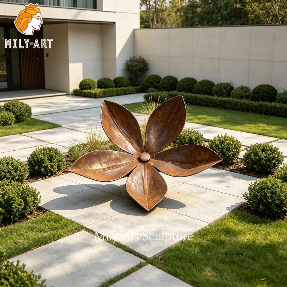 modern corten steel flower sculpture display