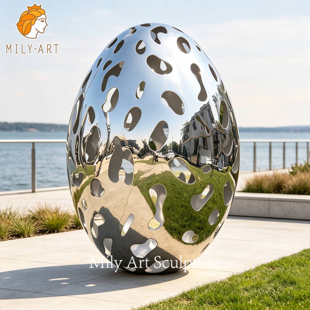 perforated stainless steel giant egg sculpture