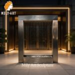 stainless steel rectangular fountain at night