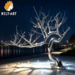 stainless steel tree sculpture night view