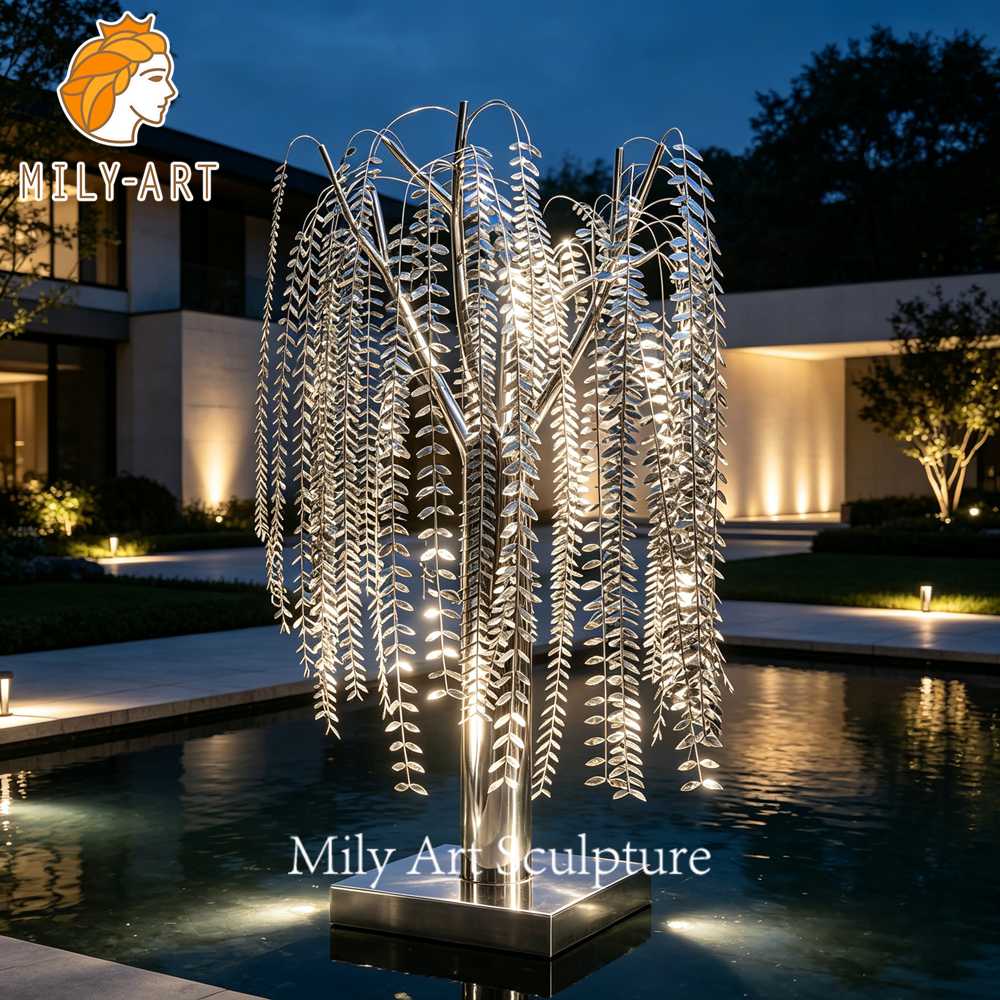 willow tree sculpture night view