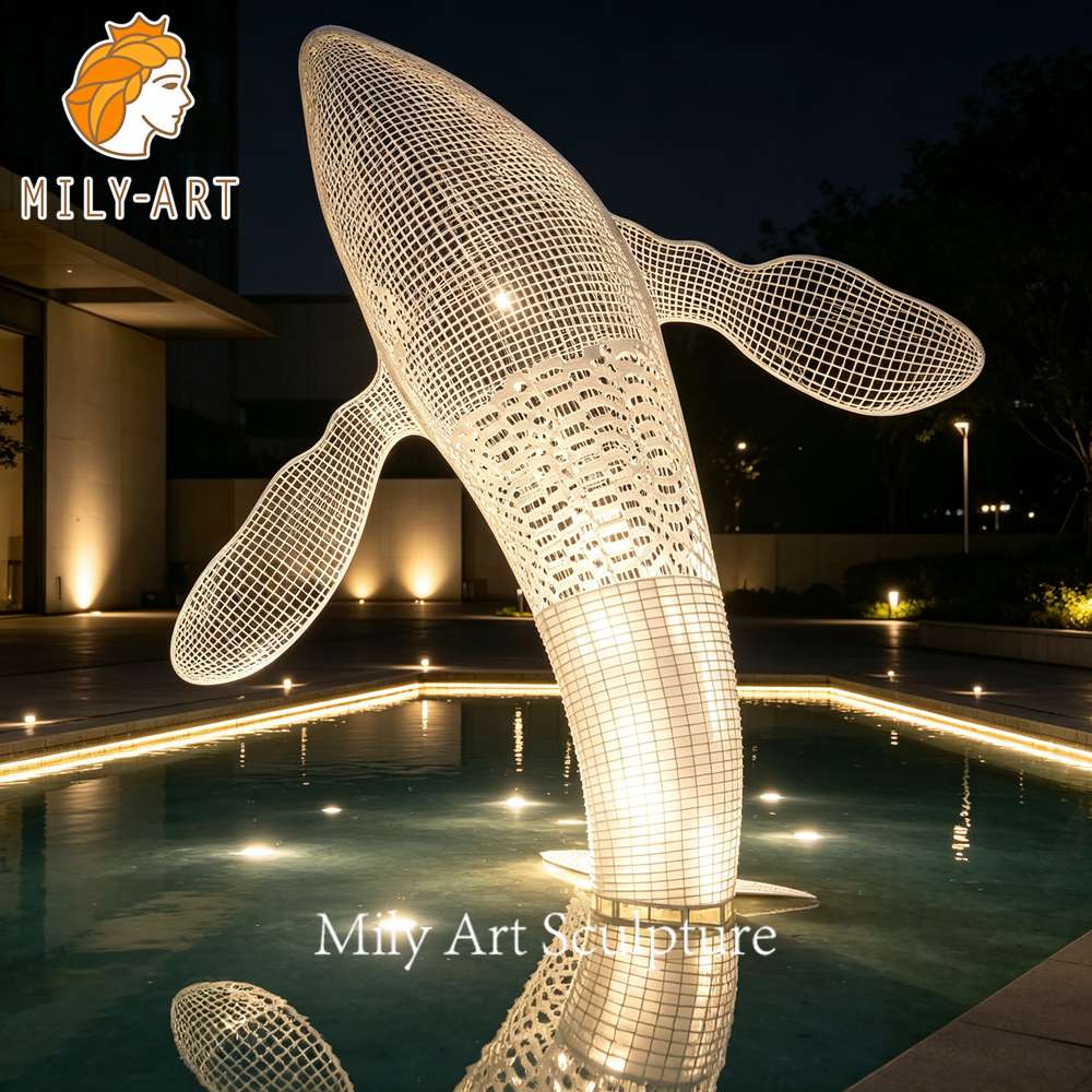 wire whale sculpture night lighting