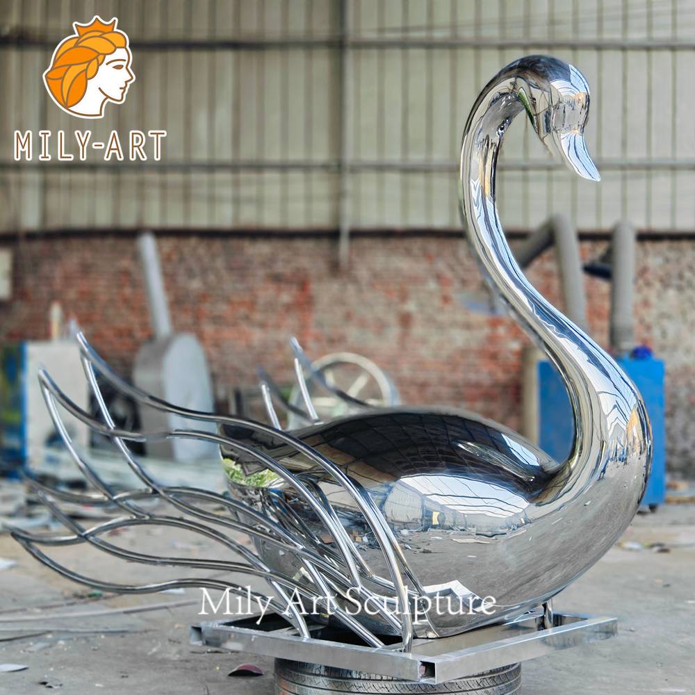Finished stainless steel swan sculpture