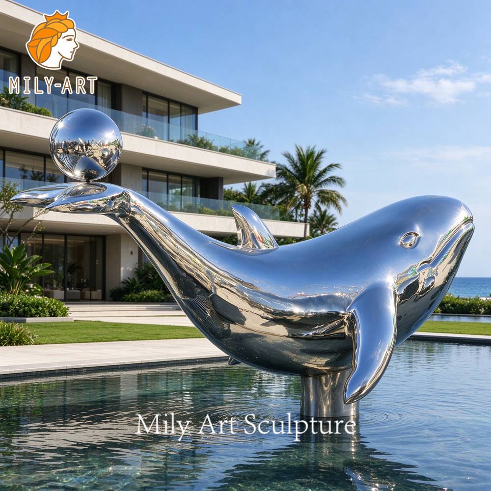 Mirror polished stainless steel whale sculpture