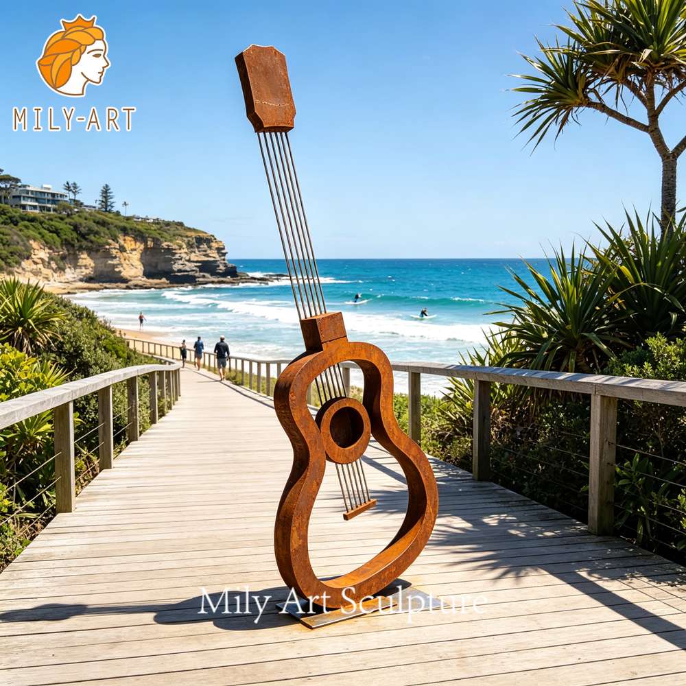 Rusted metal guitar sculpture