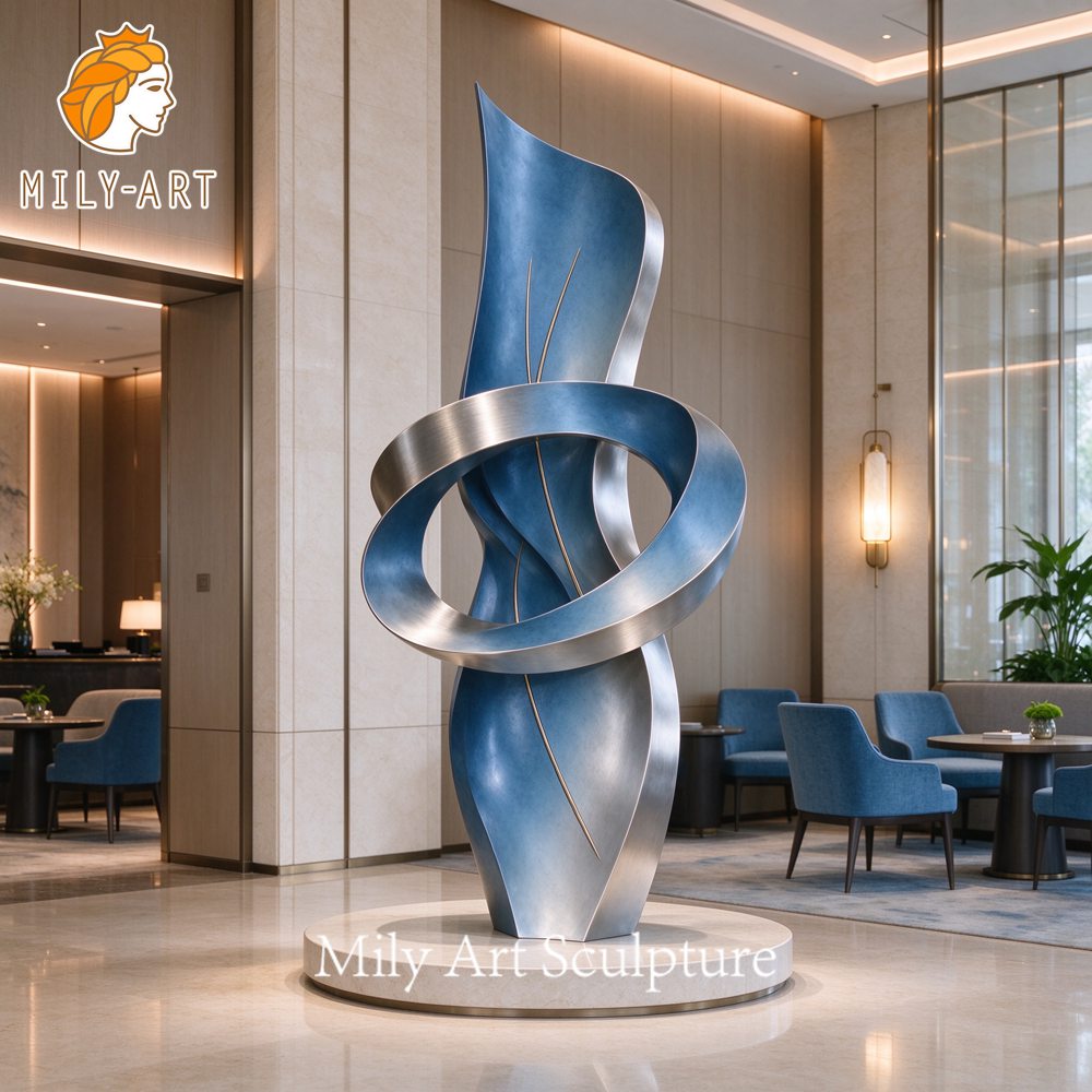blue painted hotel lobby sculpture