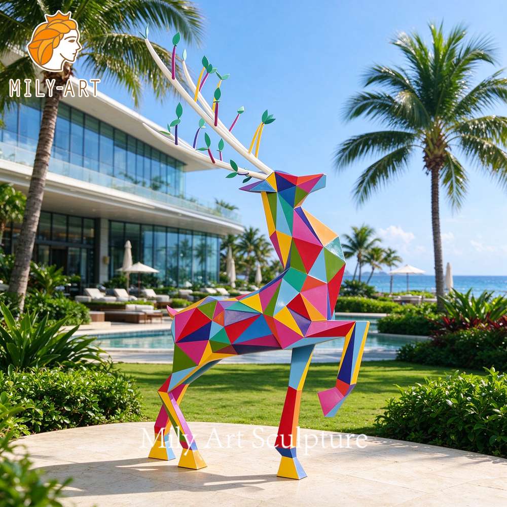 colorful geometric deer sculpture