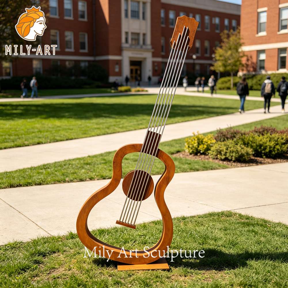 corten steel guitar sculpture campus