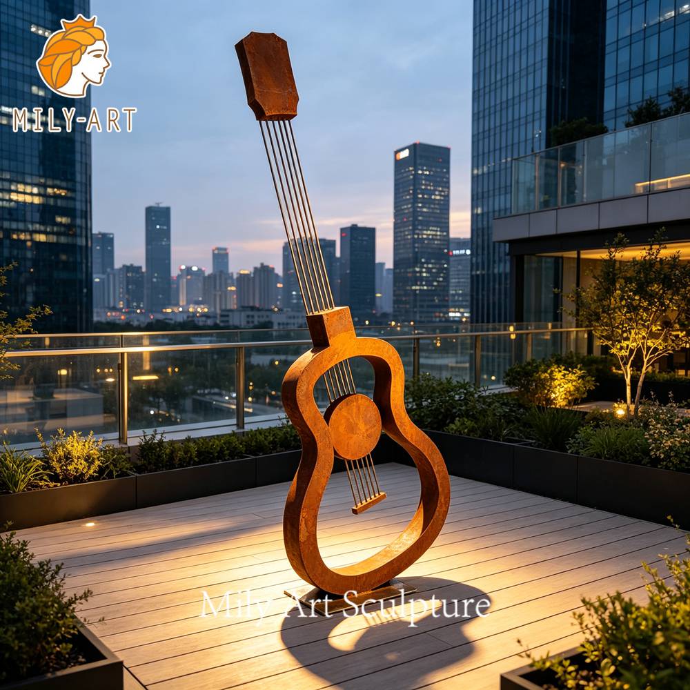 corten steel guitar sculpture