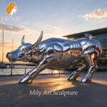 large stainless steel bull sculpture