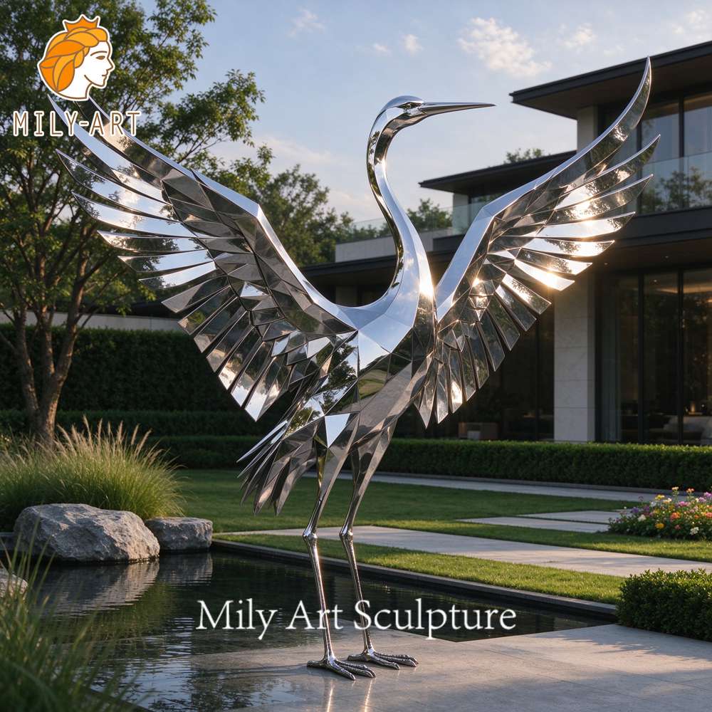 metal low poly crane sculpture