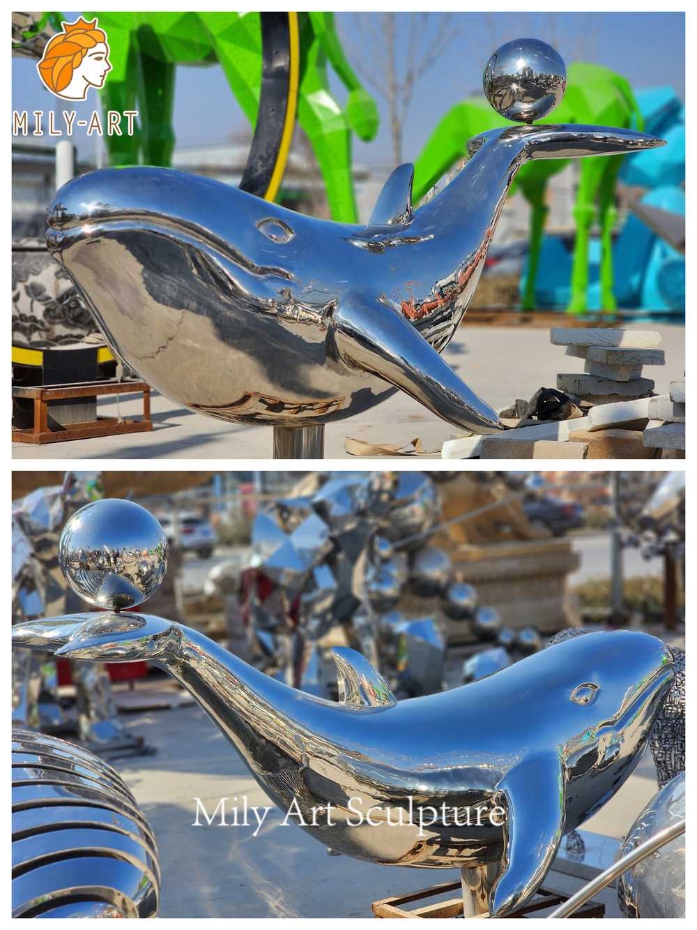 metal whale sculpture factory display