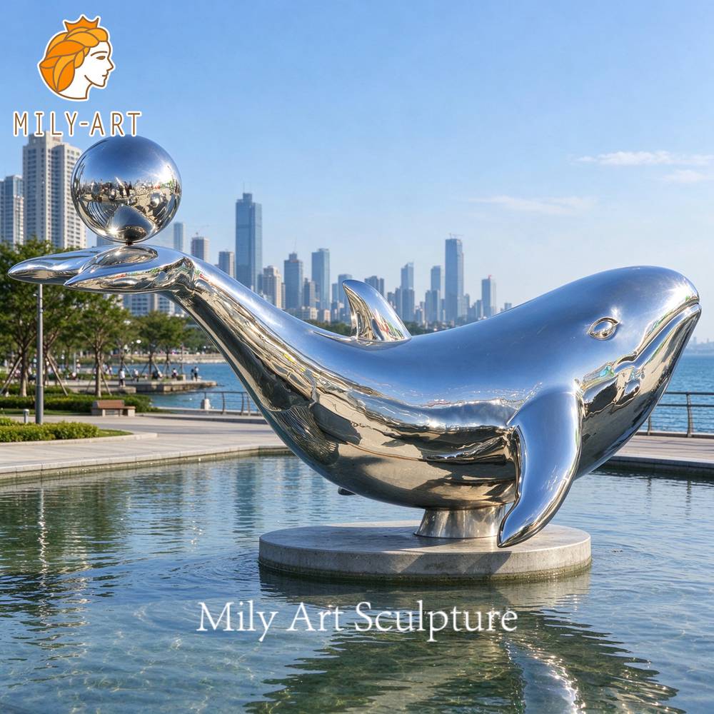 metal whale sculpture resort waterfront